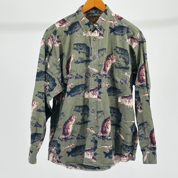 North River Outfitters Green Fish Trout Cotton Long Sleeve Button Down Size M - Picture 1 of 8
